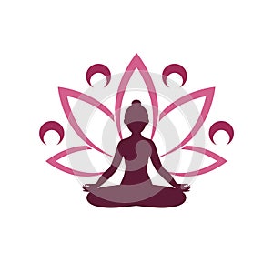 Yoga logo design. Human meditation in lotus flower icon isolated on white background