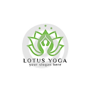 Yoga logo design stock. human meditation in lotus flower vector illustration in green color