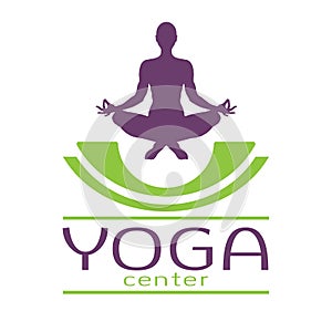 Yoga logo, vector colored icon, emblem for yoga center. Figure of a man sitting in a lotus pose, vector silhouette