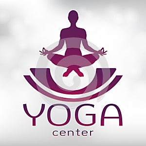 Yoga logo, vector icon, emblem for yoga center. Figure of a man sitting in a lotus pose, vector silhouette. Meditation