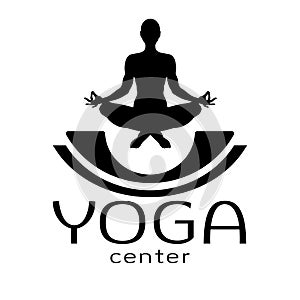 Yoga logo, vector icon, emblem for yoga center. Figure of a man sitting in a lotus pose, vector silhouette. Meditation