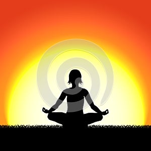 Yoga lotus pose black silhouette on sunset background. Woman character meditating in nature during sunrise, dawn.