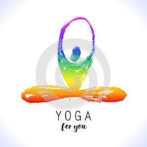 Yoga lotus pose, hand drawn yoga love stylized vector icon logo for school, center, class. Figure sitting in a lotus pose.