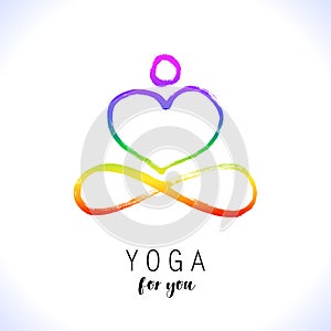 Yoga lotus pose, hand drawn yoga love stylized vector icon logo for school, center, class. Figure sitting in a lotus pose