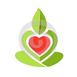 Yoga lotus pose logo with love and leaf icon isolated on white background