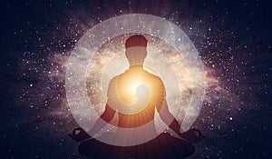 Yoga lotus pose meditation on nebula galaxy background