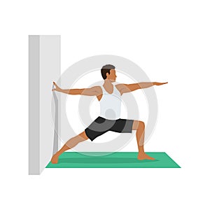 Yoga Man in Virabhadrasana 2 or Warrior II pose. Male cartoon character