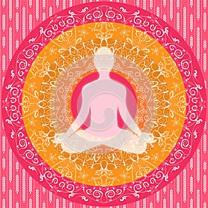 Yoga mandala sitting pose human silhouette pink white orange