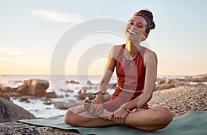 Yoga mat, black woman and outdoor at beach, meditation and wellness to relax or peace. Portrait, African American female