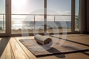 A yoga mat in front of a large window overlooking the ocean.