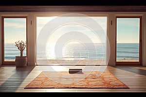 A yoga mat in front of a large window overlooking the ocean.