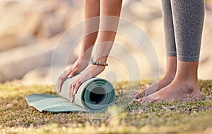 Yoga mat, pilates start and nature of a woman doing fitness, chakra exercise and wellness training. Peace meditation