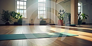 A yoga mat placed on the floor of an empty yoga class, ready for practitioners to use during their yoga sessions