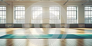 A yoga mat placed on the floor of an empty yoga class, ready for practitioners to use during their yoga sessions