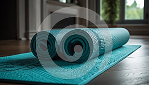 Yoga mat rolled up, indoors, practicing relaxation exercise for wellbeing generated by AI