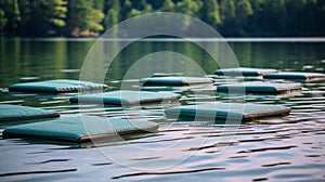 Yoga mats afloat on tranquil lake