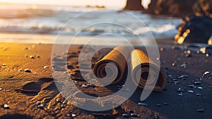 Yoga mats on the beach at sunset