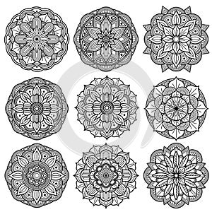 Yoga medallions, meditation mandalas, arabesque pattern vector set