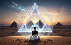 Yoga Meditating Sunrise, girl practicing meditation in light cycle, pyramid.Egypt