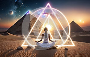 Yoga Meditating Sunrise, girl practicing meditation in light cycle, pyramid?Egypt