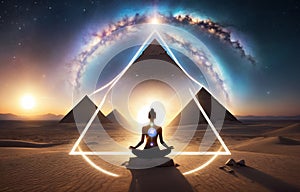 Yoga Meditating Sunrise, girl practicing meditation in light cycle, pyramid?Egypt
