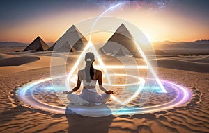 Yoga Meditating Sunrise, practicing meditation in light cycle?pyramid