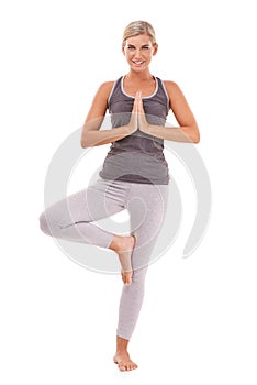 Yoga meditation, balance and portrait of woman meditate for healthcare, spiritual soul aura or chakra energy healing