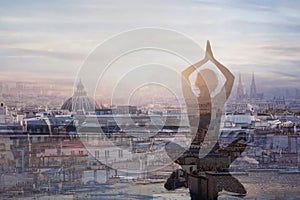 Yoga and meditation in big city, double exposure