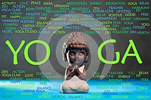 Yoga and Meditation Concept. Baby buddha meditate, with word cloud