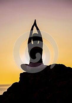 Yoga Meditation Concept, Woman Silhouette Healthy Meditating.