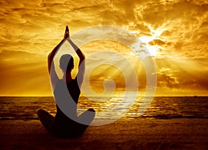 Yoga Meditation Concept, Woman Silhouette Healthy Meditating