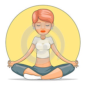 Yoga meditation cute female girl tranquility master wisdom health cartoon character icon design vector illustration