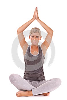 Yoga meditation, fitness and portrait of woman meditate for healthcare, spiritual soul aura or chakra energy healing