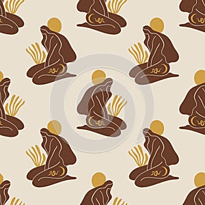 Yoga meditation girl meditating woman vector seamless pattern