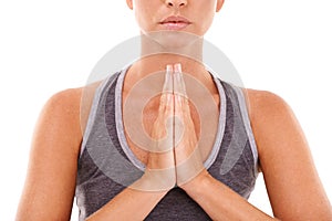 Yoga meditation, hands and relax woman meditate for pilates healthcare, spiritual soul aura or chakra energy healing