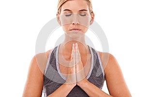 Yoga meditation, healthcare and relax woman meditate for pilates wellness, spiritual soul aura or chakra energy healing