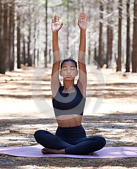 Yoga, meditation and Indian woman in nature for spiritual health, chakra and wellness. Namaste, healing and female yogi