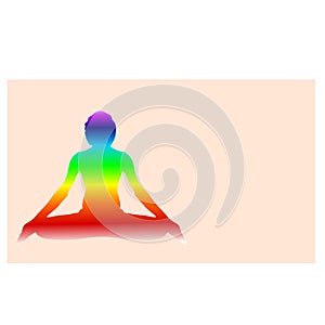 Yoga Meditation Pose with seven Energy Aura chakra on light red with gradient vector illustration
