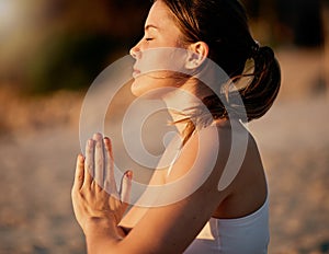 Yoga meditation, prayer hands and profile of woman outdoors for health and wellness. Zen chakra, pilates fitness and