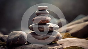 Yoga, meditation. Pyramid of flat stones lying on top of each other. Macro shooting. Shallow depth of field
