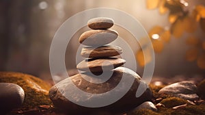 Yoga, meditation. Pyramid of flat stones lying on top of each other. Macro shooting. Shallow depth of field