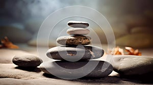 Yoga, meditation. Pyramid of flat stones lying on top of each other. Macro shooting. Shallow depth of field