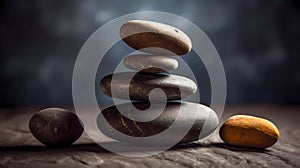 Yoga, meditation. Pyramid of flat stones lying on top of each other. Macro shooting. Shallow depth of field