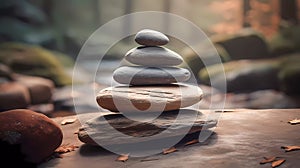 Yoga, meditation. Pyramid of flat stones lying on top of each other. Macro shooting. Shallow depth of field