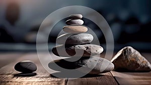 Yoga, meditation. Pyramid of flat stones lying on top of each other. Macro shooting. Shallow depth of field