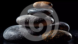 Yoga, meditation. Pyramid of flat stones lying on top of each other. Macro shooting. Shallow depth of field