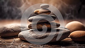 Yoga, meditation. Pyramid of flat stones lying on top of each other. Macro shooting. Shallow depth of field