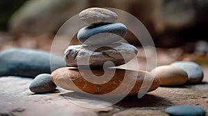 Yoga, meditation. Pyramid of flat stones lying on top of each other. Macro shooting. Shallow depth of field