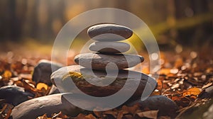 Yoga, meditation. Pyramid of flat stones lying on top of each other. Macro shooting. Shallow depth of field