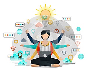 Yoga and Meditation to Find Inspiration in Work. Male Programmer Seeks Enlightenment in Completing Business Project. Vector Illust